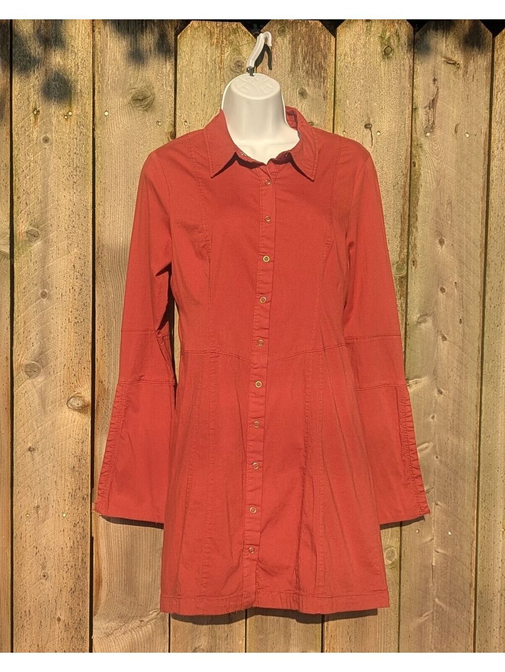 FREE PEOPLE RUST SHIRT DRESS SNAP FRONT COTTON BLEND BELL SLEEVE BOHO | SIZE M